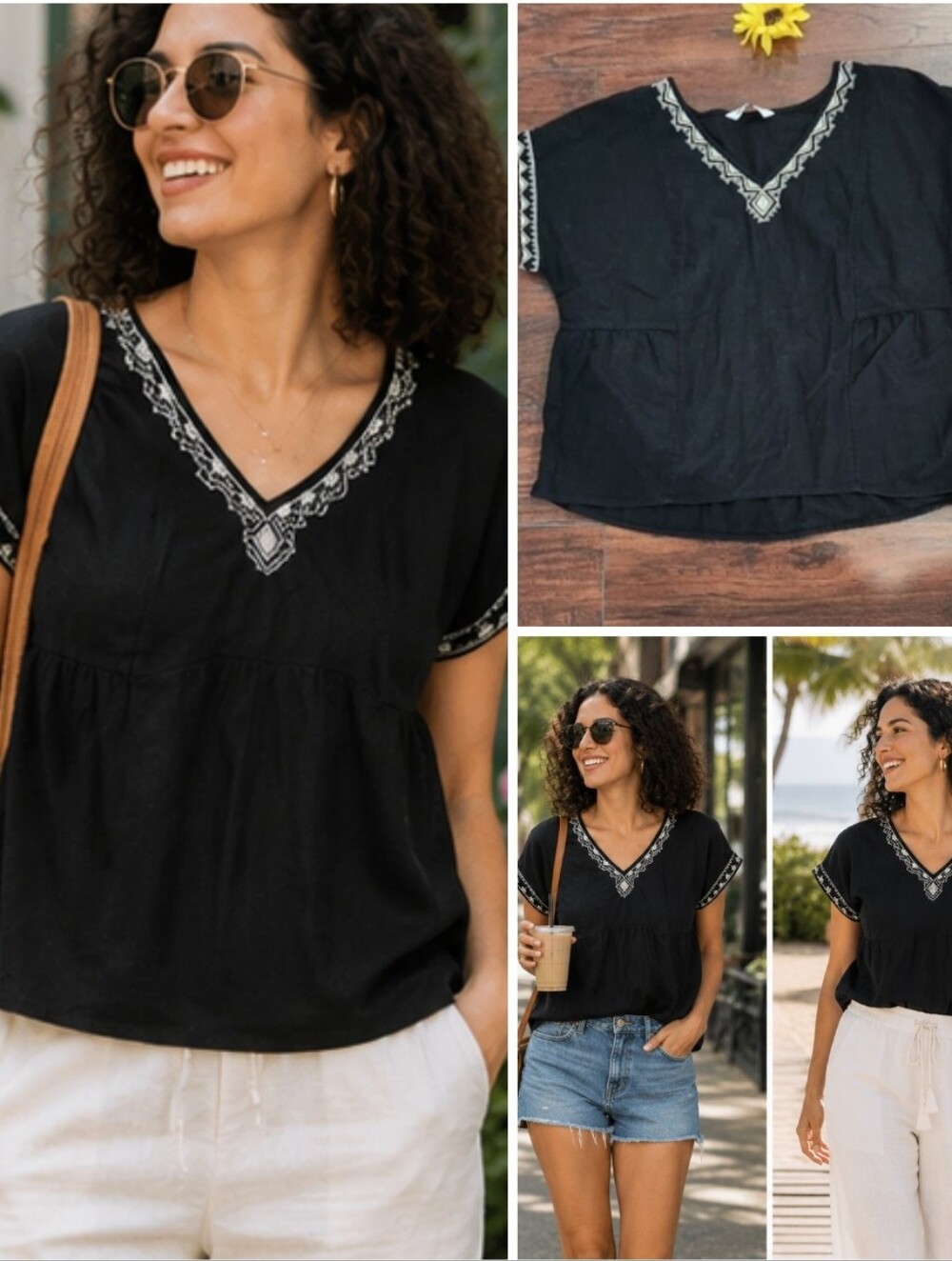 Sonoma Linen Black Embroidered V-Neck Top 🩶